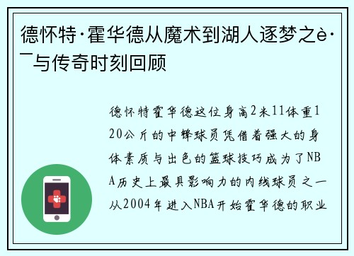 德怀特·霍华德从魔术到湖人逐梦之路与传奇时刻回顾