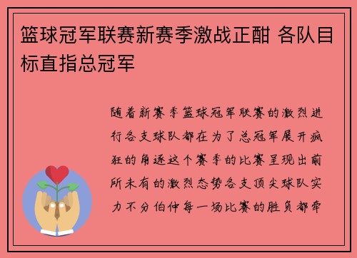 篮球冠军联赛新赛季激战正酣 各队目标直指总冠军 篮球冠军联赛新赛季激战正酣 各队目标直指总冠军