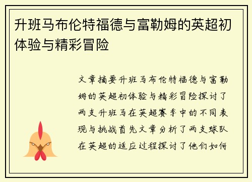 升班马布伦特福德与富勒姆的英超初体验与精彩冒险 升班马布伦特福德与富勒姆的英超初体验与精彩冒险